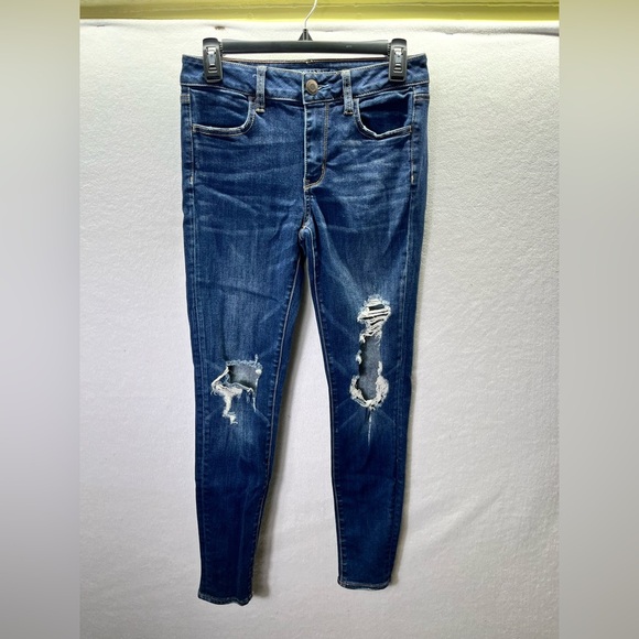 American Eagle Super Stretch Distressed Hi-Rise Jegging Jeans Womens 4 Blue 2573 - Picture 1 of 10